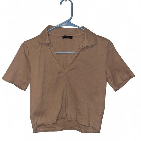 Zara Women's Size Small Pink Collared Polo V-Neck Crop Top - Picture 2 of 5